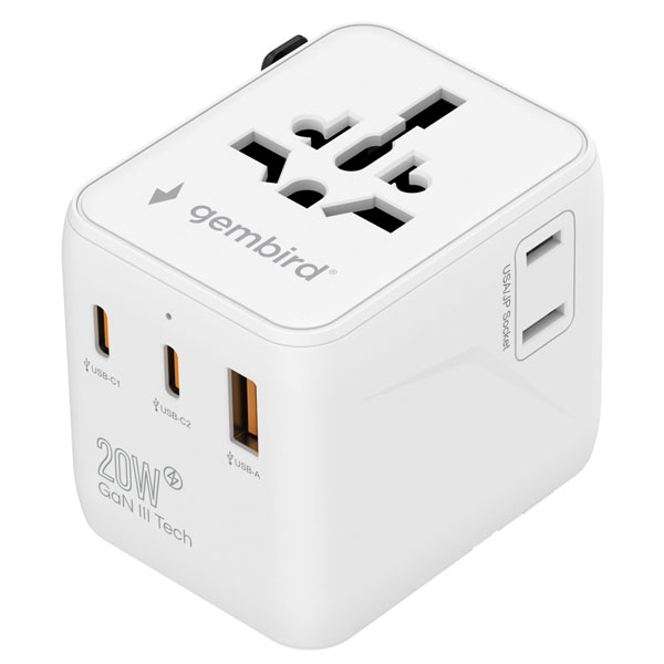 Universal travel plug with USB charger - 20 W - White