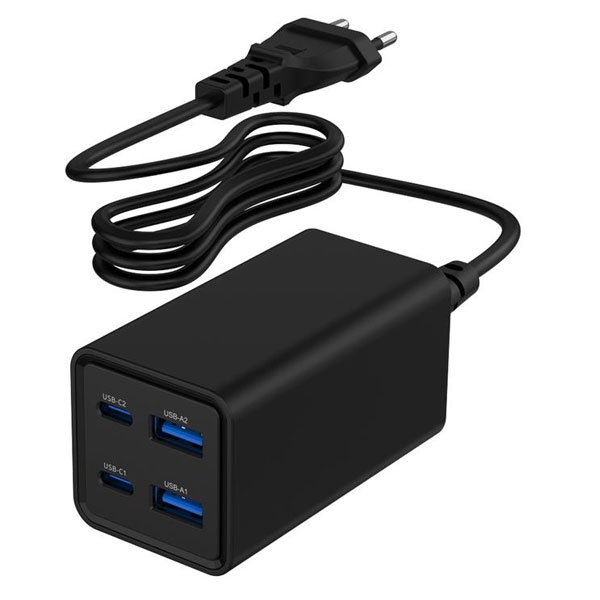 4-port USB fast charger 2xA - 2xC - 65W - Power Delivery - Black
