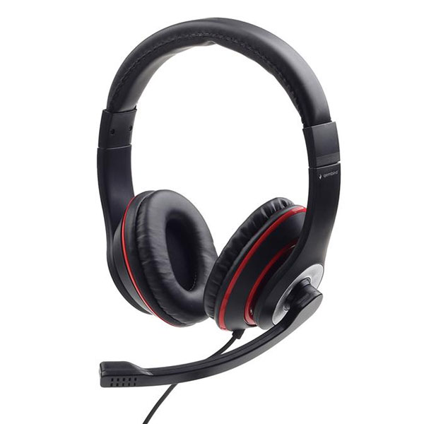 Stereoheadset, zwarte kleur met rode ring