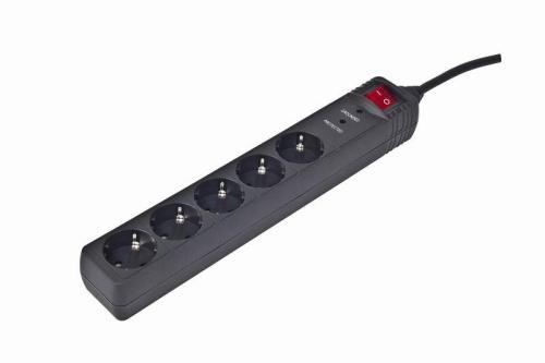 Stekkerdoos met overspanningsbeveiliging, 5-voudig, 4.5 m, zwart
