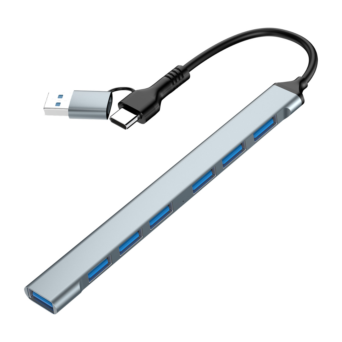 7-poorts USB-hub (1x USB 3.2 + 6x USB 2.0), USB-A + USB-C, zilver