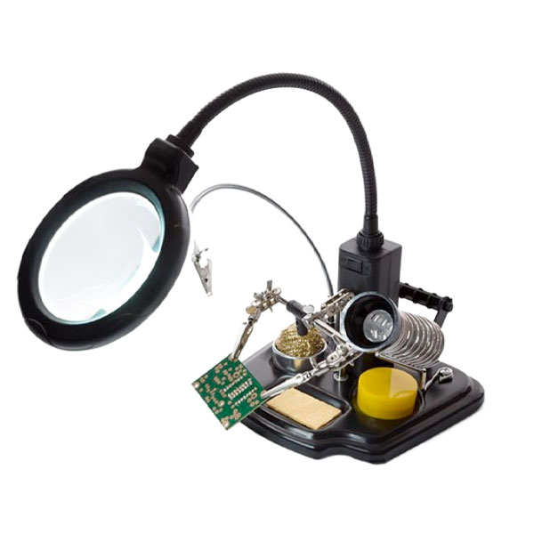 Multifunctional third hand with magnifying glass and soldering tools